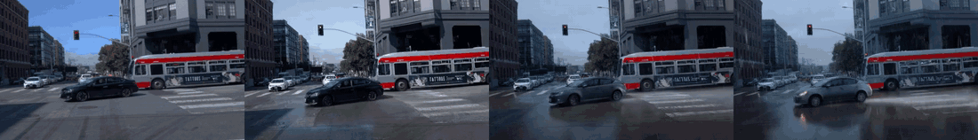 Rain synthesized on a city street scene with increasing severity