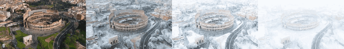 Snow synthesized on an aerial Colosseum scene with increasing severity